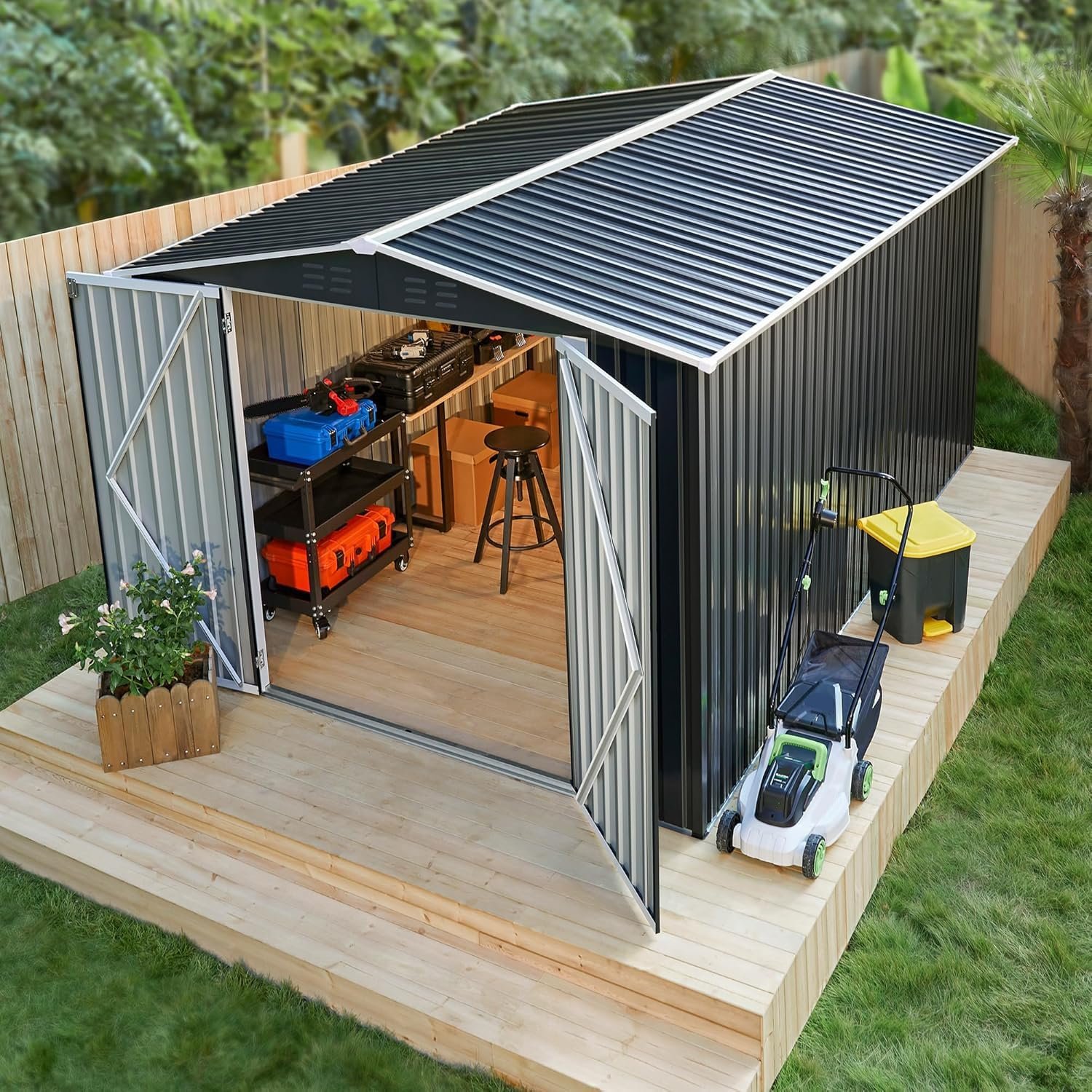 8x12 FT Outdoor Metal Storage Shed, Black 8x12 FT Outdoor Metal Storage Shed, Black - Image 1